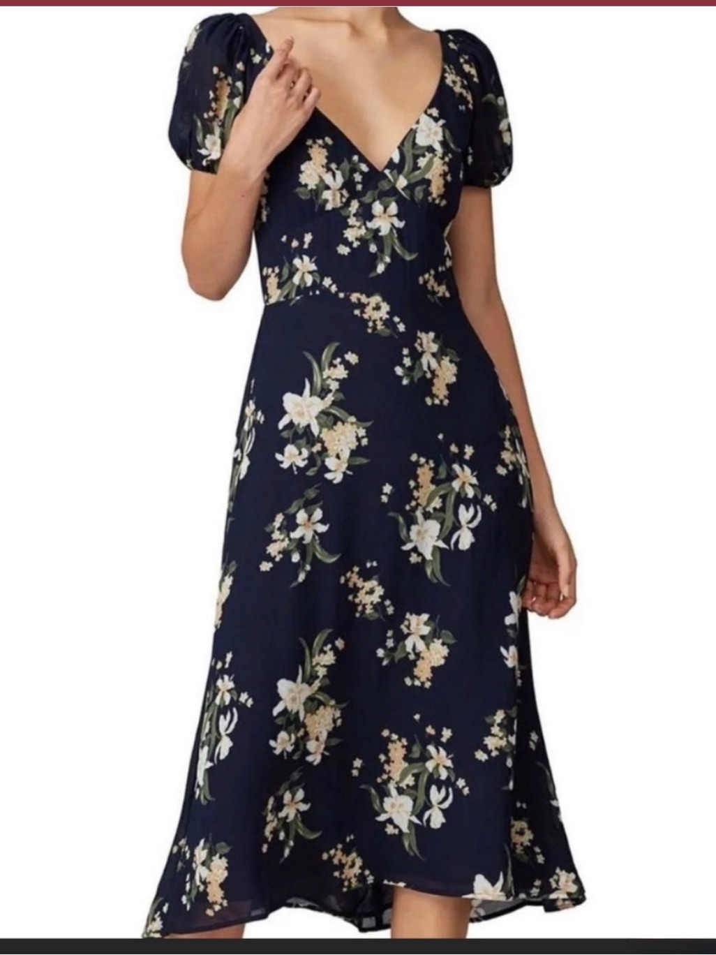 Reformation Kacey Navy Floral V-Neck Puff-Sleeve Midi Dress